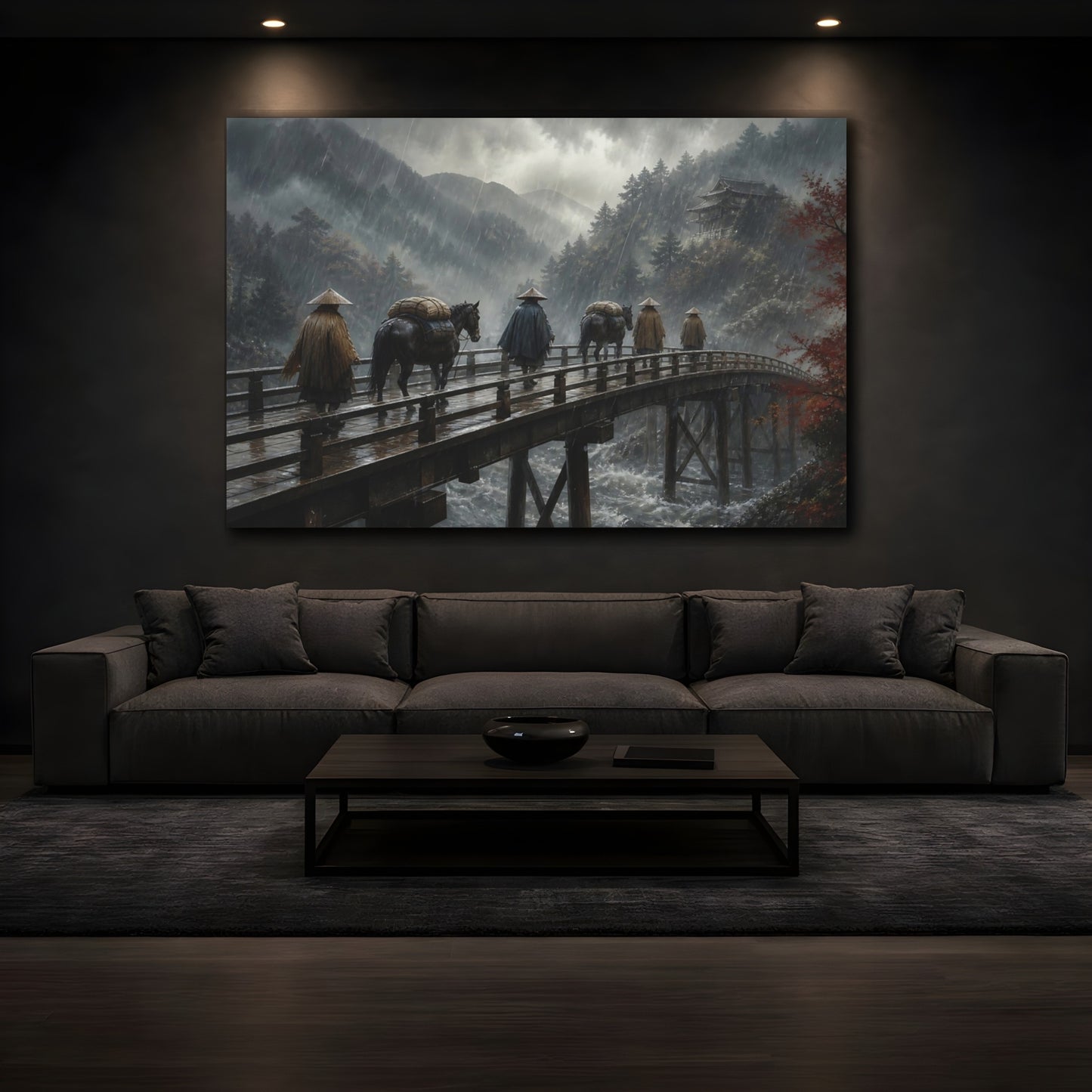 Mockup 3. Travelers On Wooden Bridge shown as canvas print