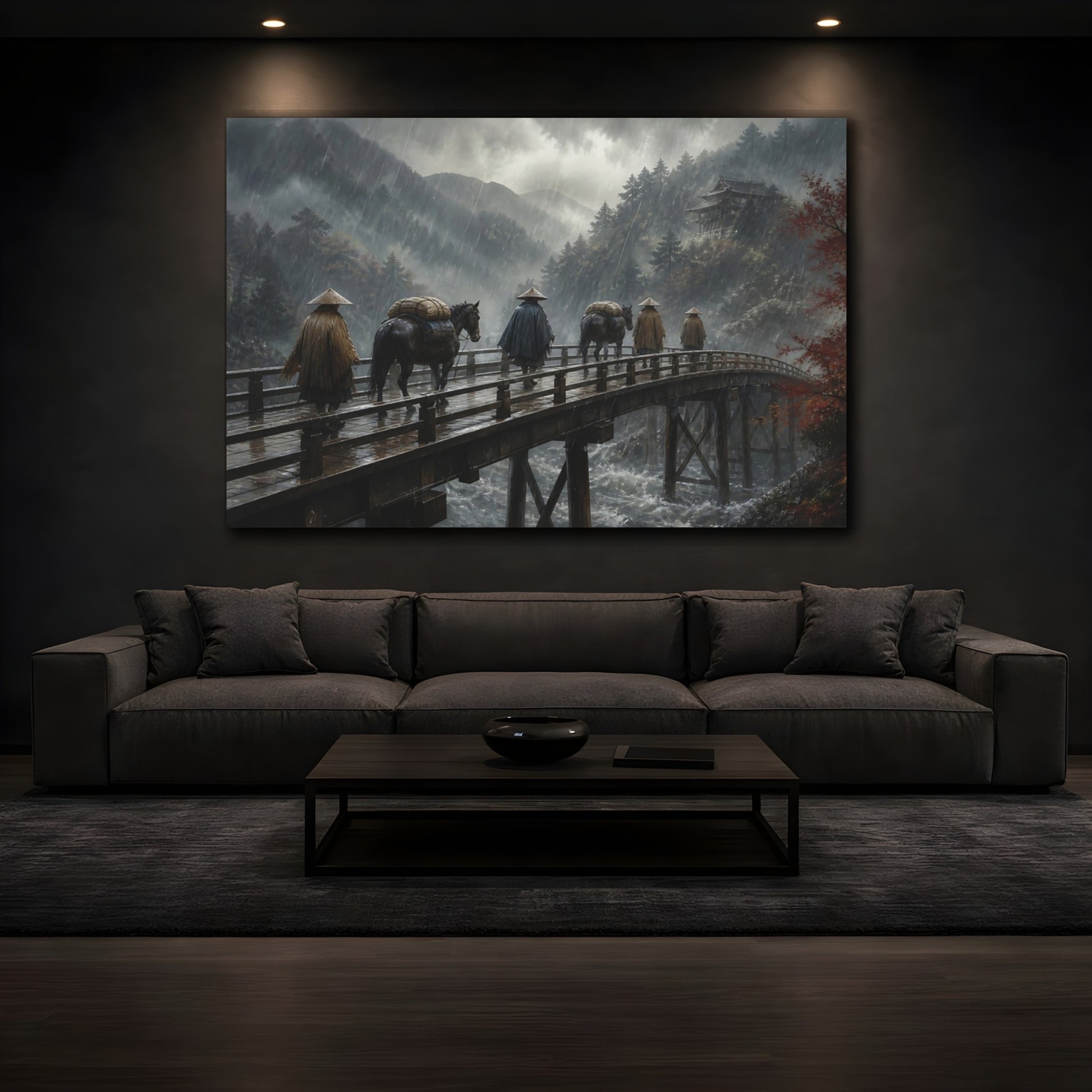 Mockup 3. Travelers On Wooden Bridge shown as canvas print