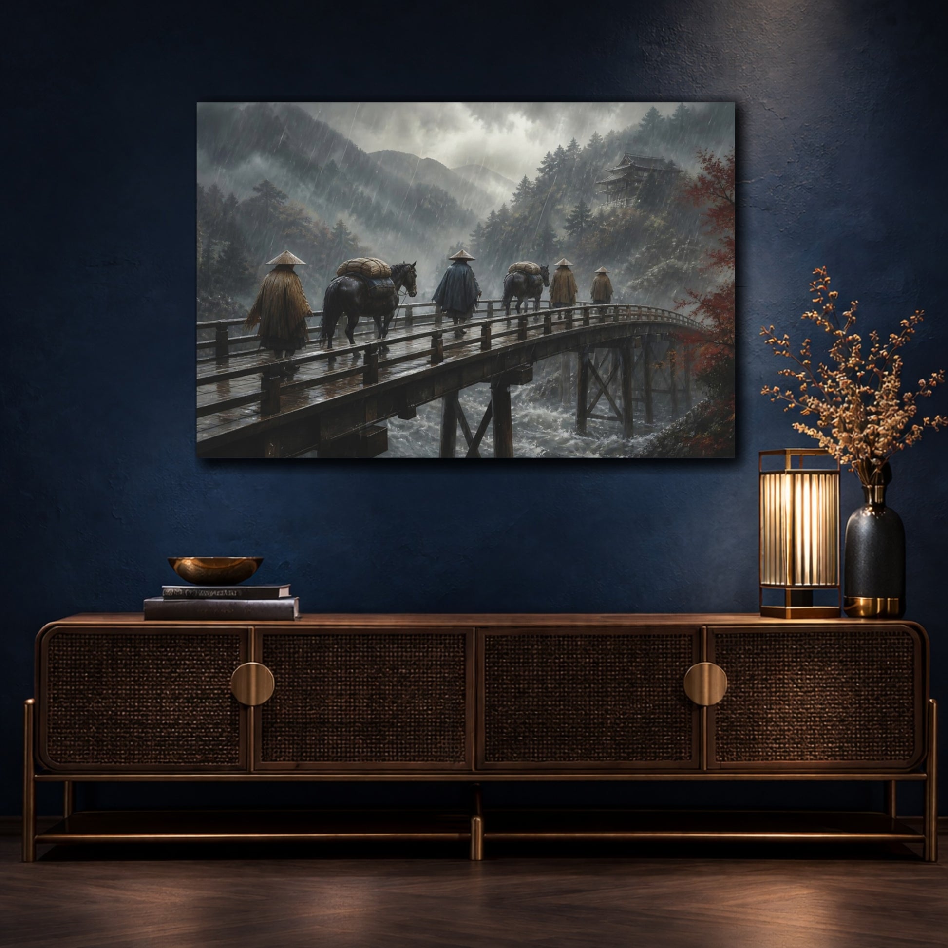 Mockup 4. Travelers On Wooden Bridge shown as canvas print