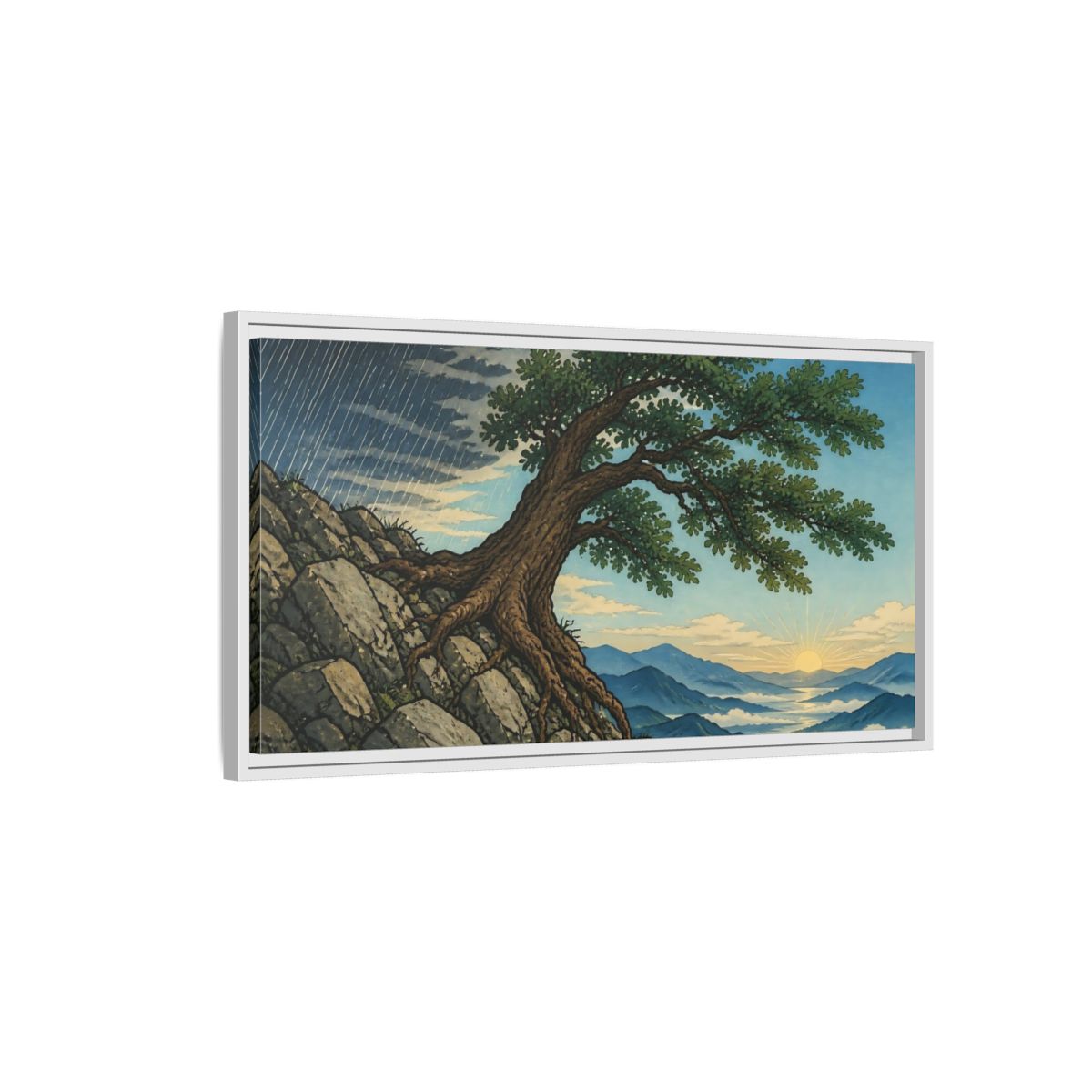 Side Mockup 1. Tree On Rocky Ridge shown as framed canvas print