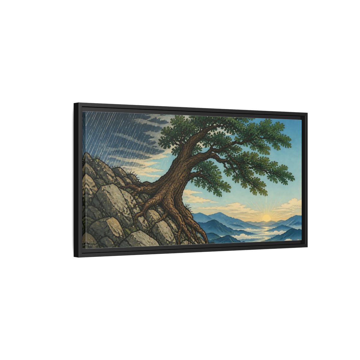 Side Mockup 2. Tree On Rocky Ridge shown as framed canvas print