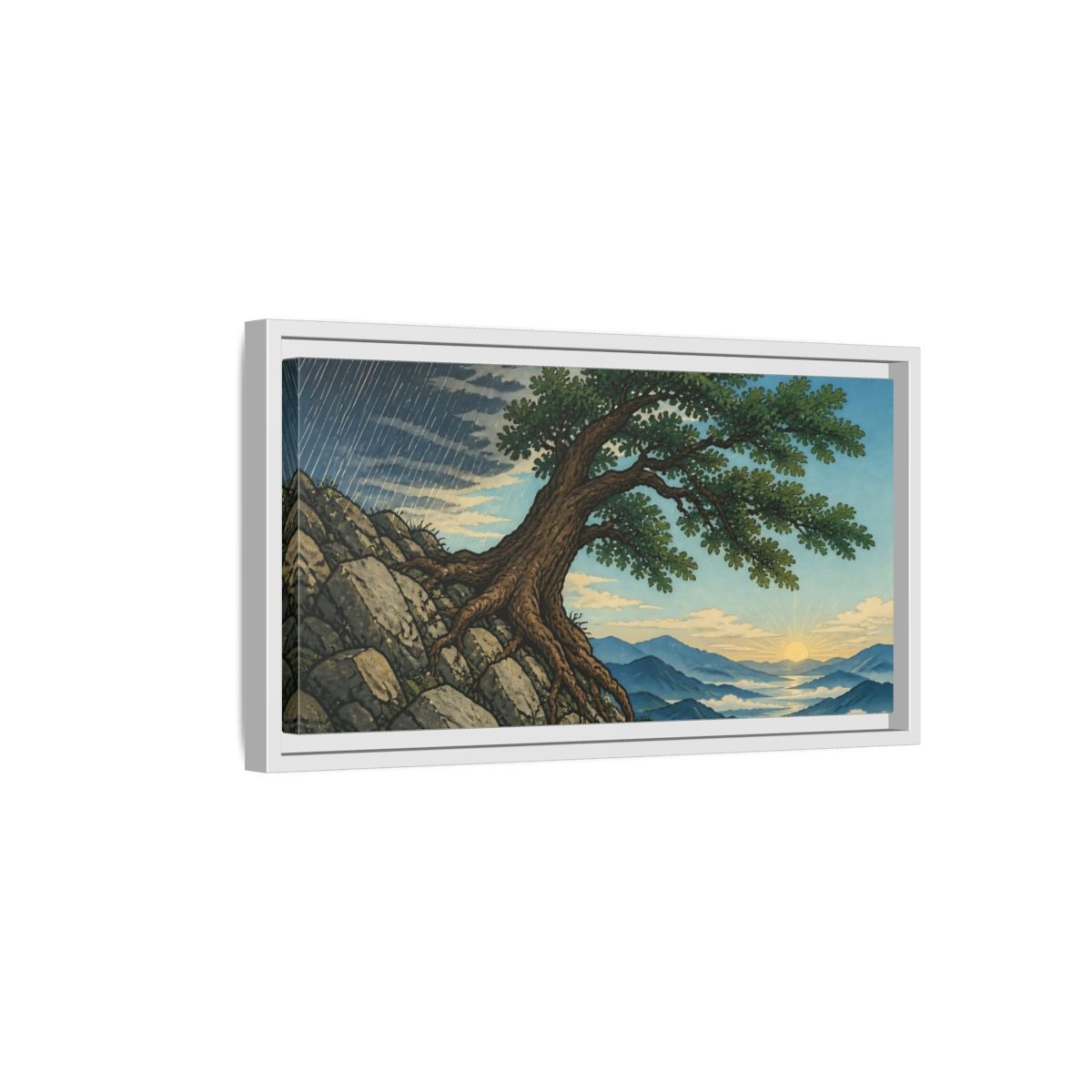 Side Mockup 6. Tree On Rocky Ridge shown as framed canvas print
