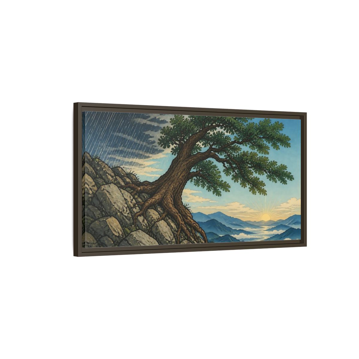 Main Mockup. Tree On Rocky Ridge shown as framed canvas print