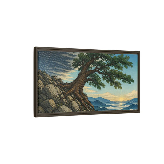 Main Mockup. Tree On Rocky Ridge shown as framed canvas print