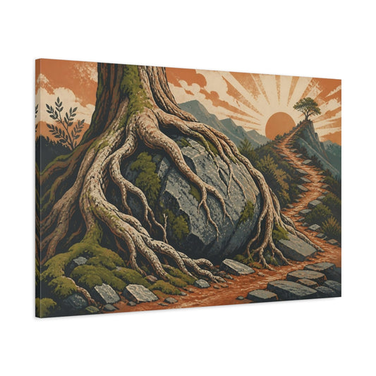 Main Mockup. Tree Roots Sunlit Trail shown as canvas print
