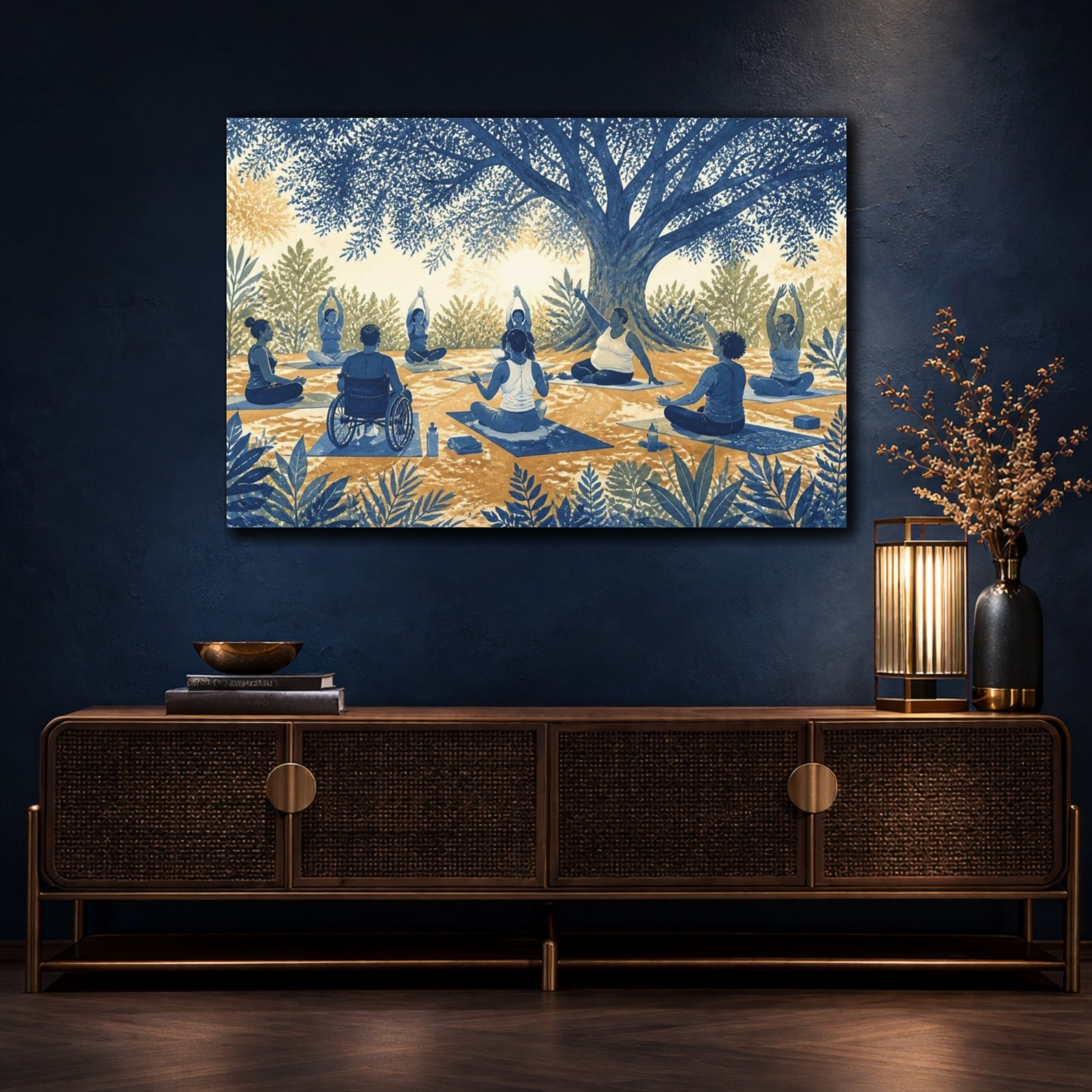 Mockup 4. Tree Shade Yoga Circle shown as canvas print