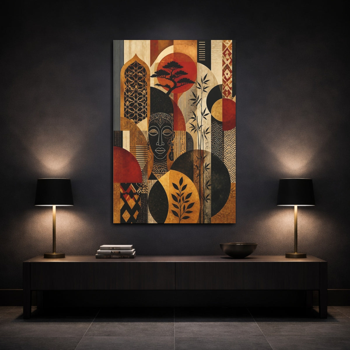 Mockup 3. Tribal Mask & Bamboo shown as canvas print