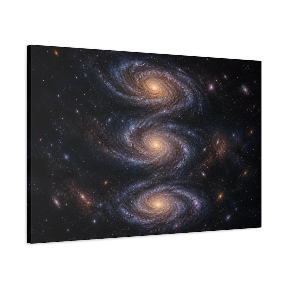 Main Mockup. Triple Spiral Galaxy shown as canvas print