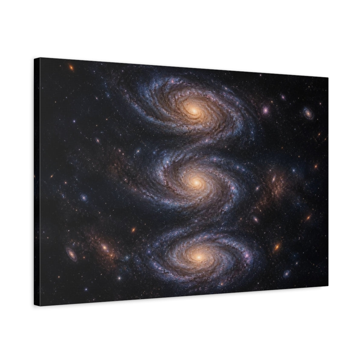 Side Mockup 2. Triple Spiral Galaxy shown as canvas print