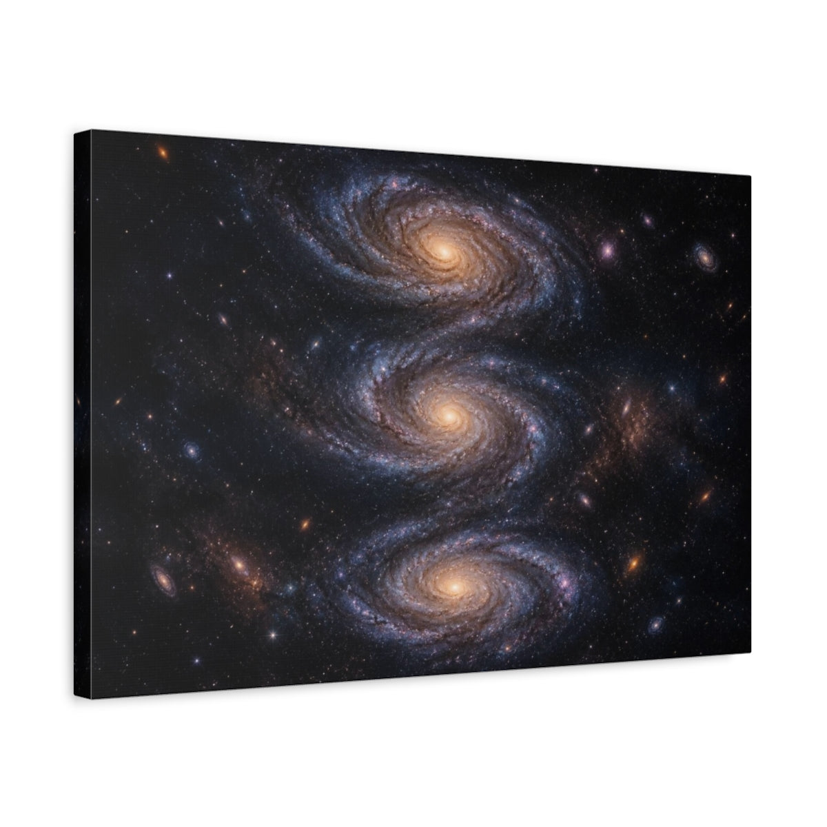 Side Mockup 3. Triple Spiral Galaxy shown as canvas print