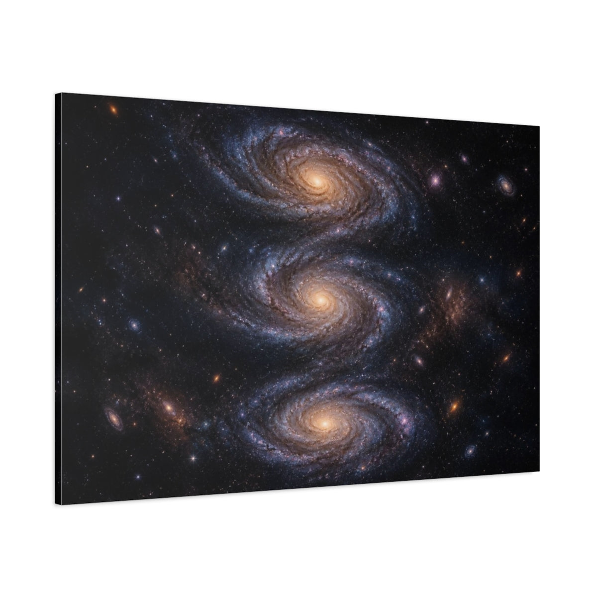 Side Mockup 1. Triple Spiral Galaxy shown as canvas print
