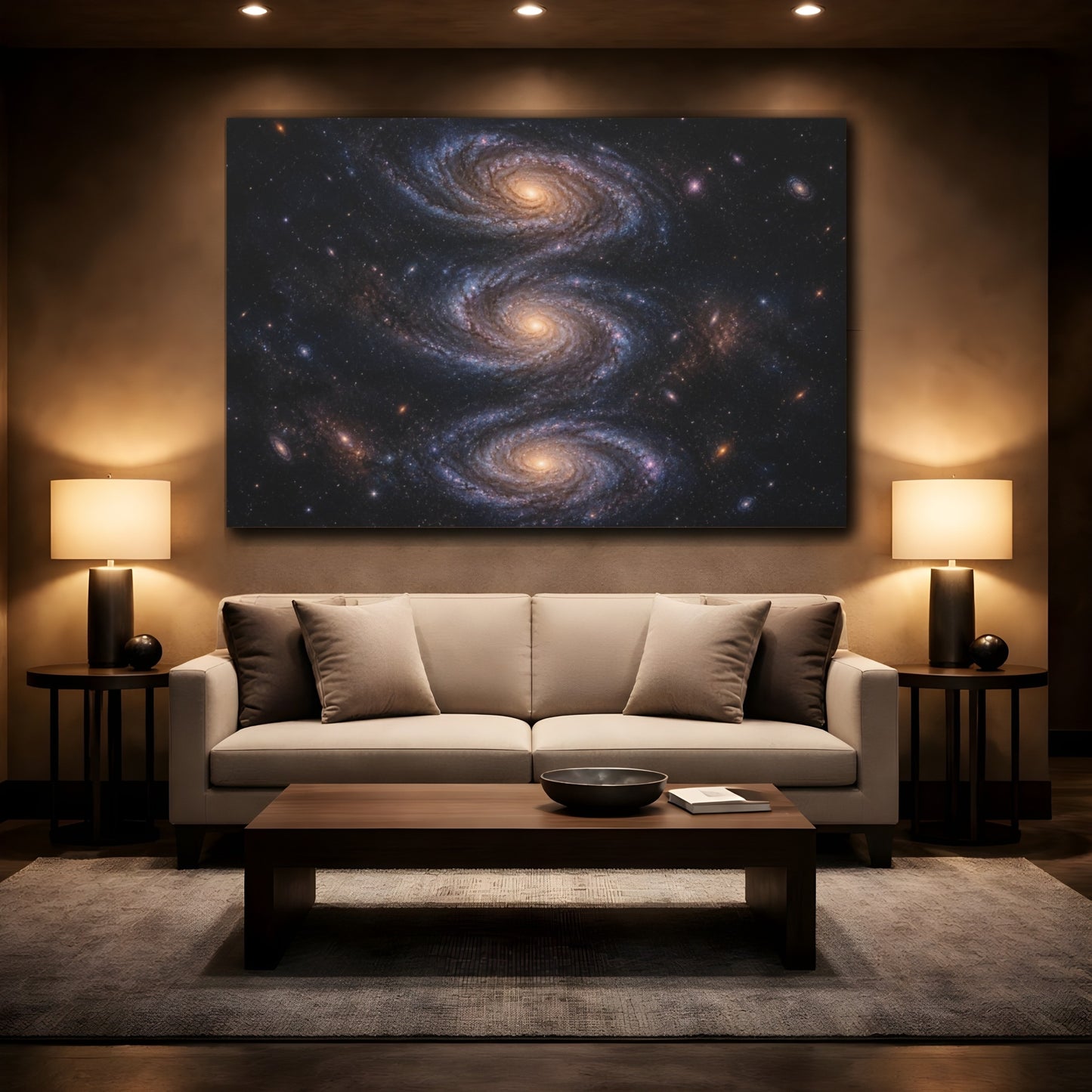 Mockup 2. Triple Spiral Galaxy shown as canvas print