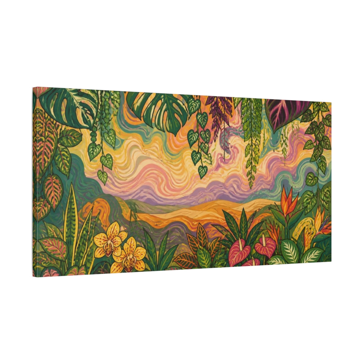 Main Mockup. Tropical Botanical Sunset shown as canvas print