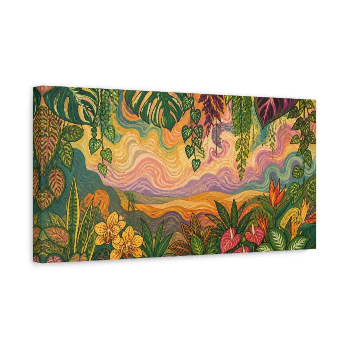 Side Mockup 3. Tropical Botanical Sunset shown as canvas print