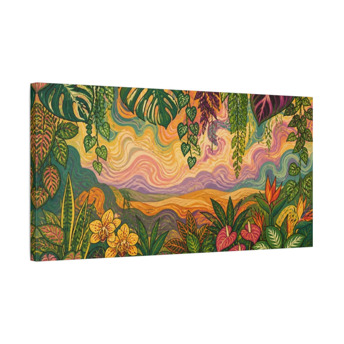 Side Mockup 1. Tropical Botanical Sunset shown as canvas print