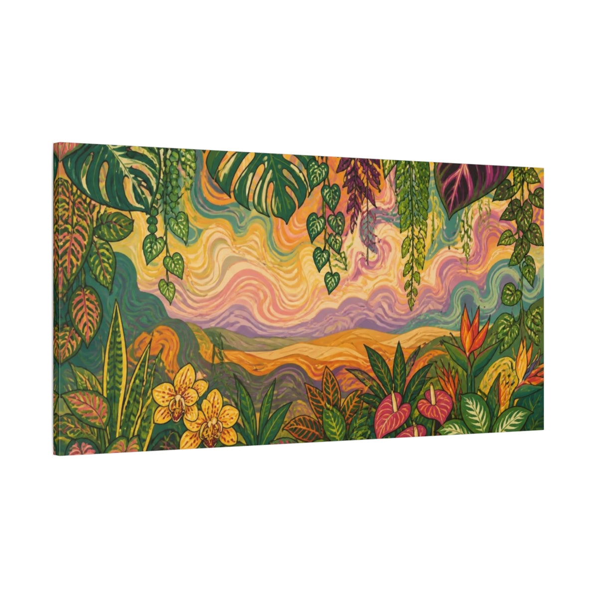 Side Mockup 2. Tropical Botanical Sunset shown as canvas print