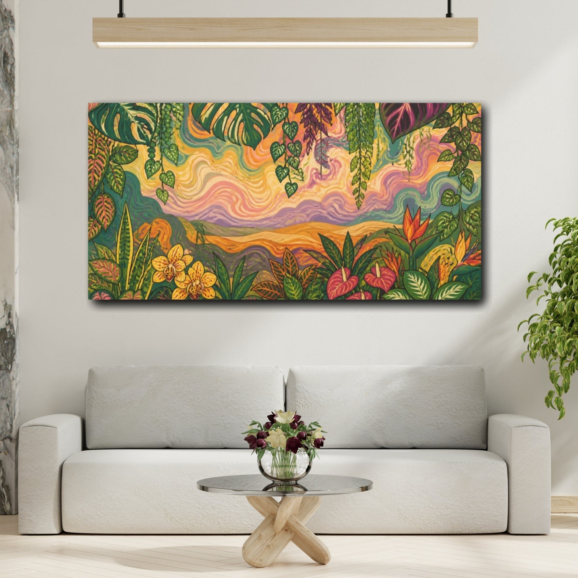 Mockup 2. Tropical Botanical Sunset shown as canvas print
