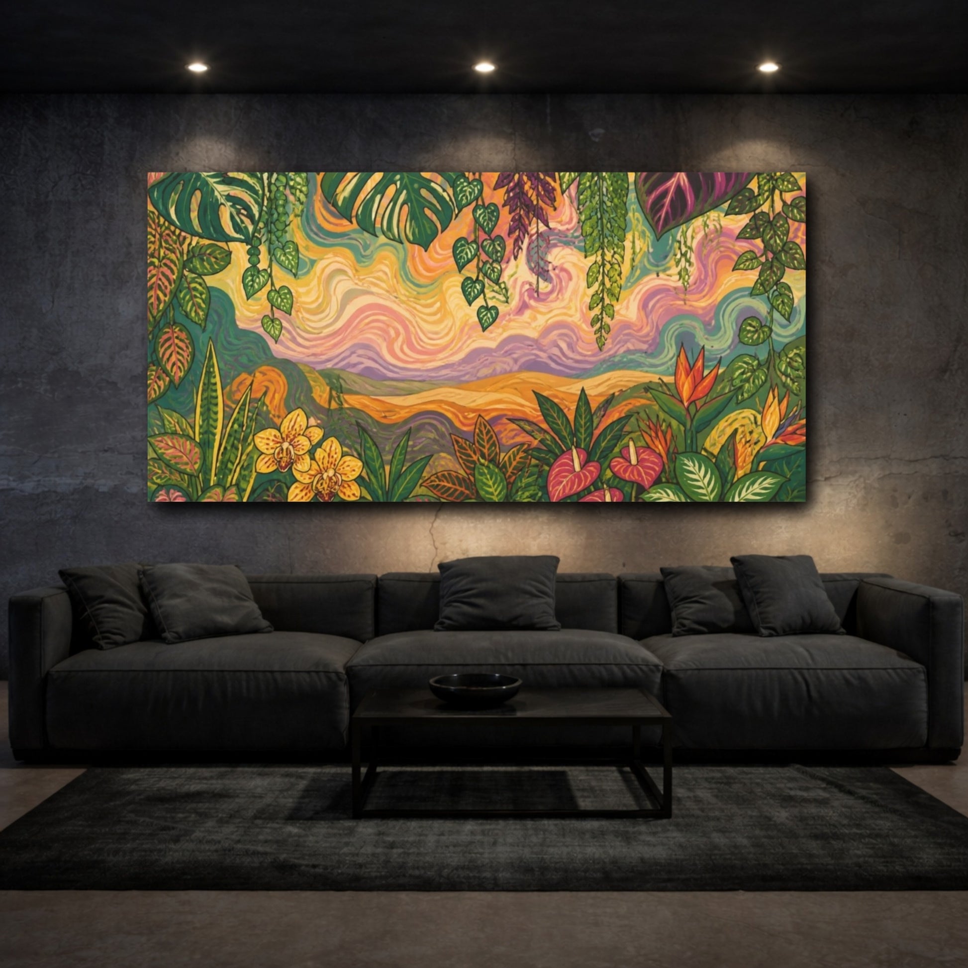 Mockup 3. Tropical Botanical Sunset shown as canvas print