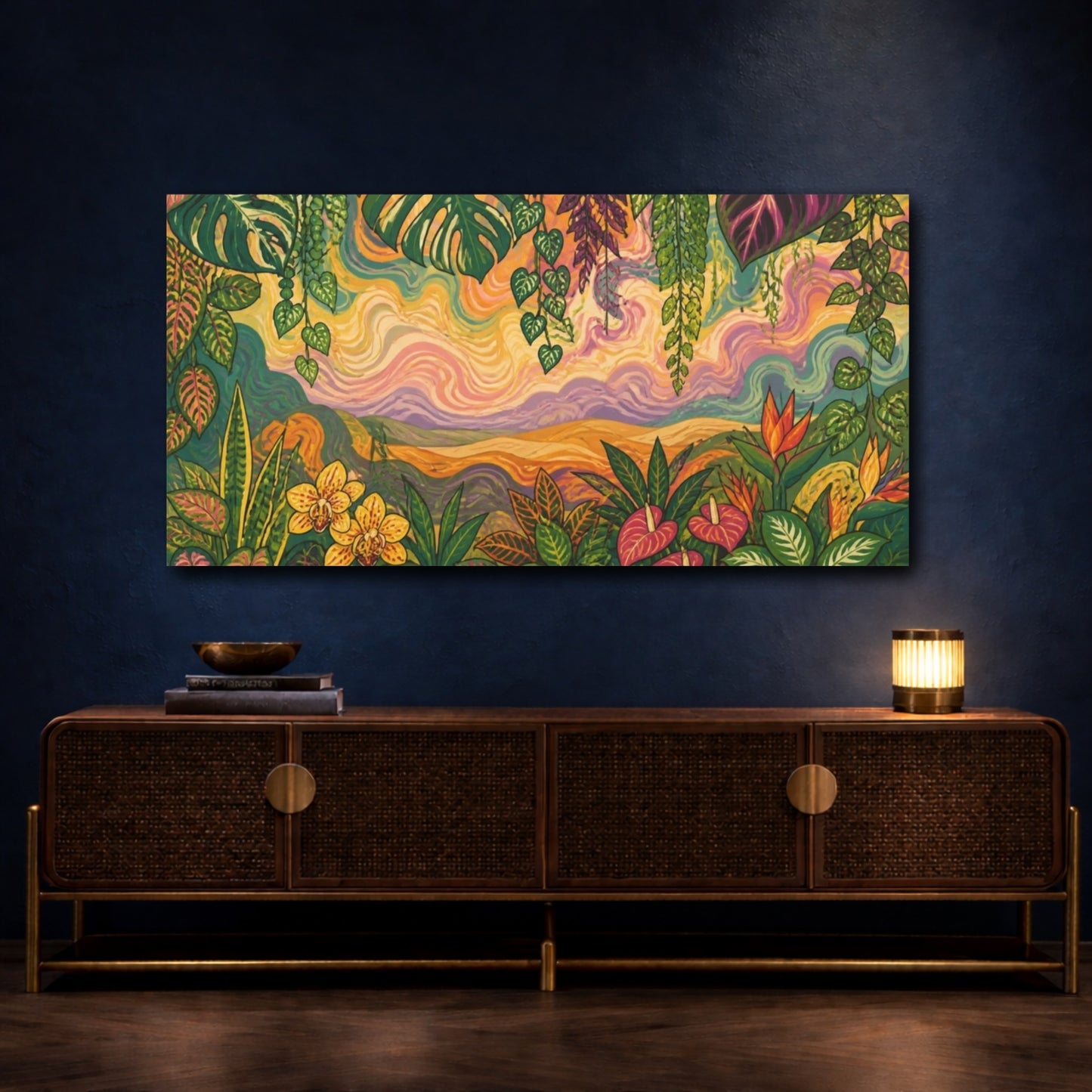 Mockup 4. Tropical Botanical Sunset shown as canvas print