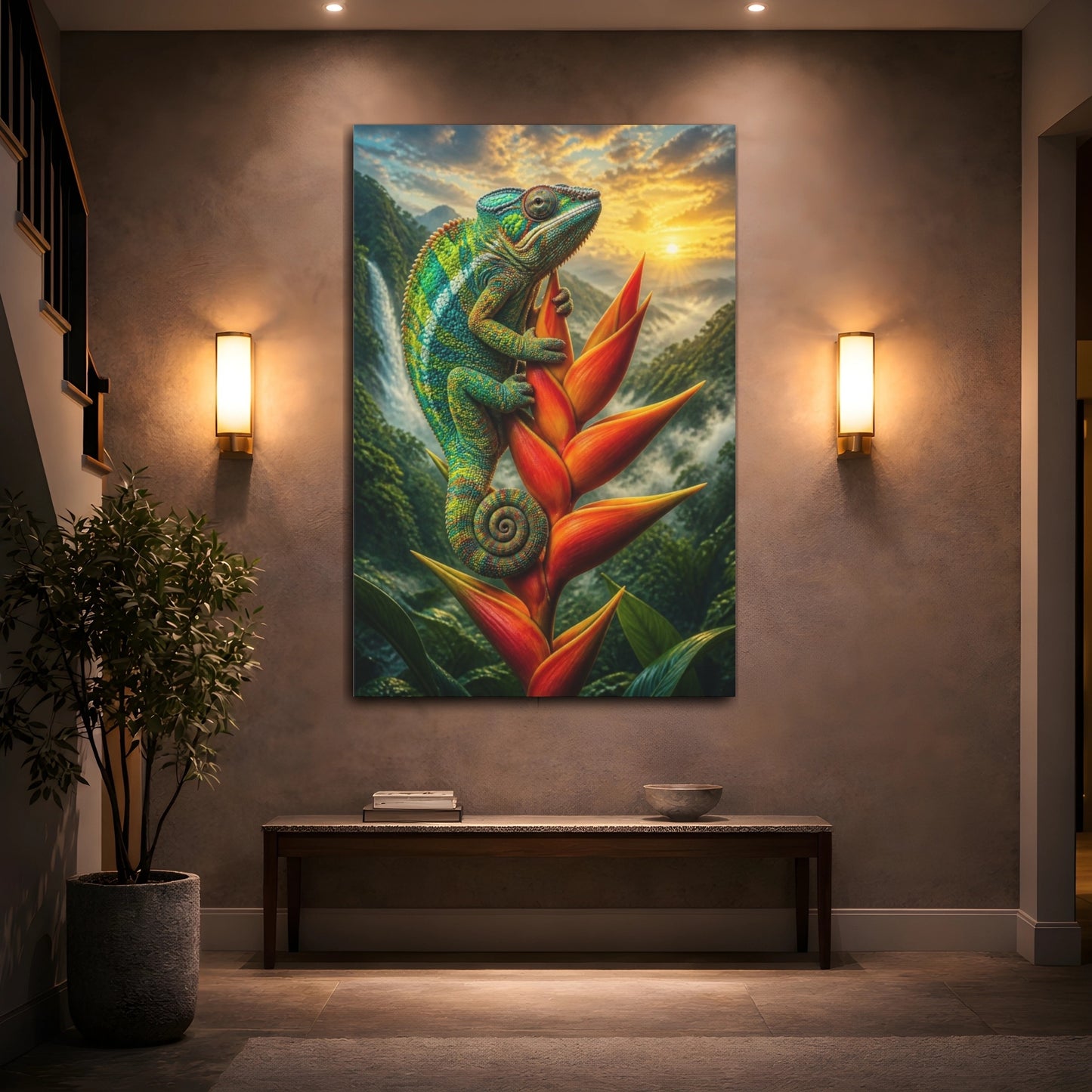 Mockup 2. Tropical Chameleon Animal shown as canvas print