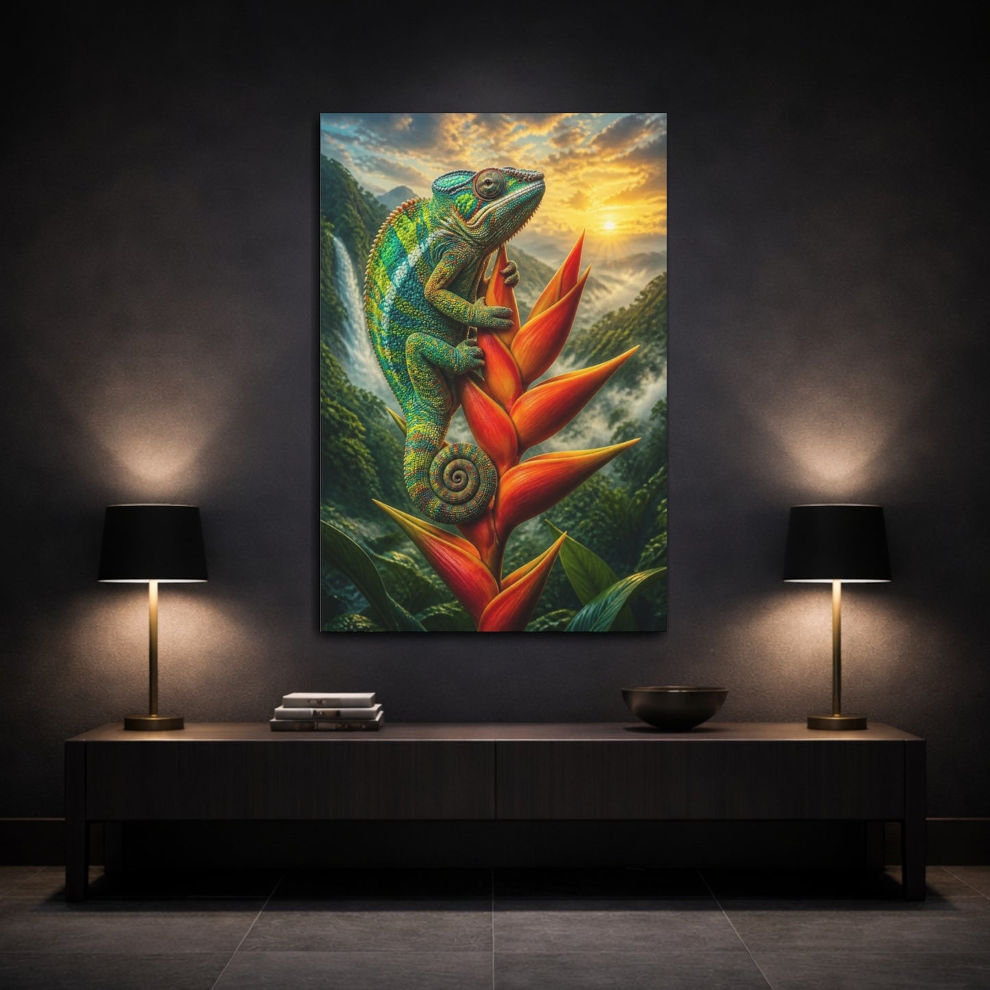 Mockup 3. Tropical Chameleon Animal shown as canvas print
