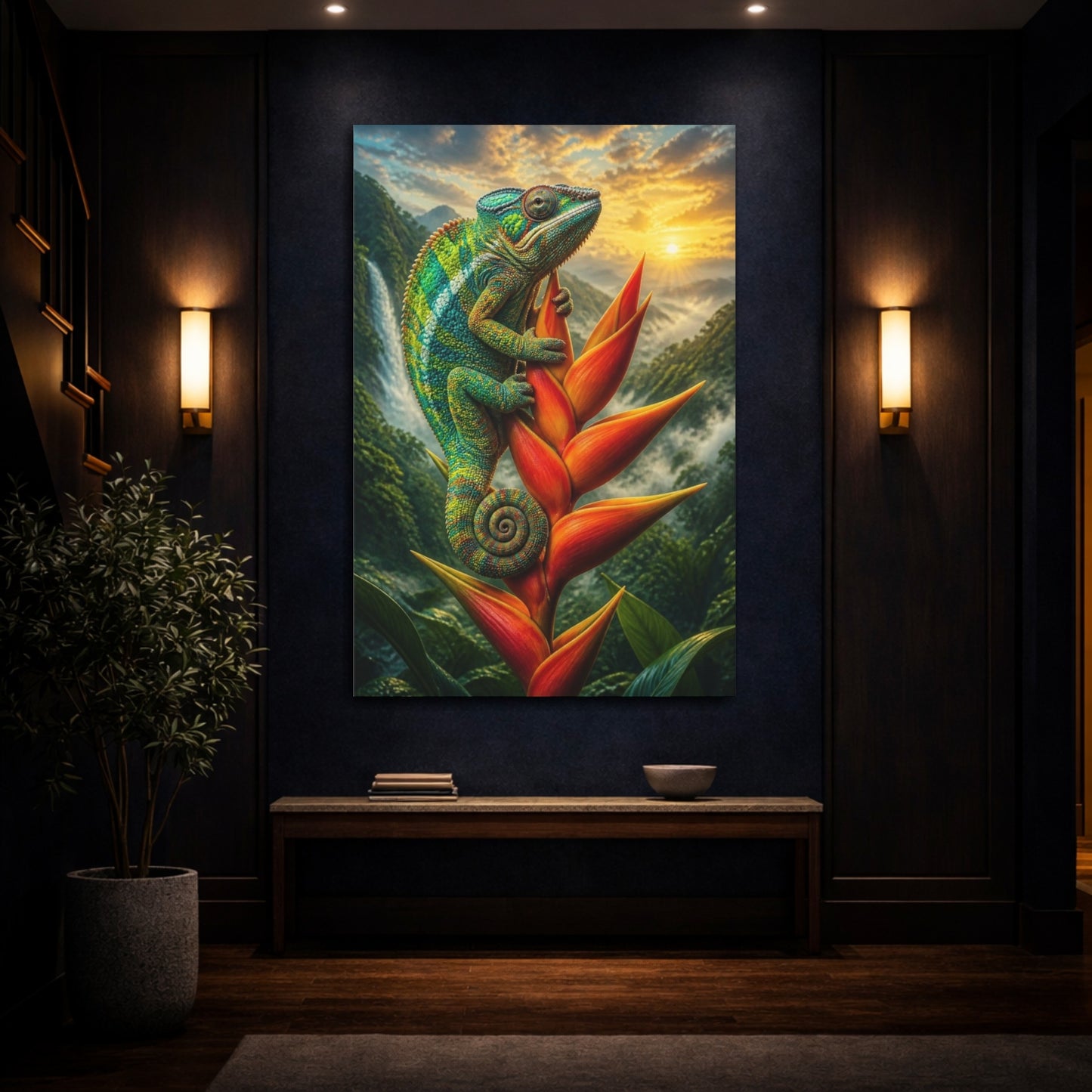 Mockup 4. Tropical Chameleon Animal shown as canvas print