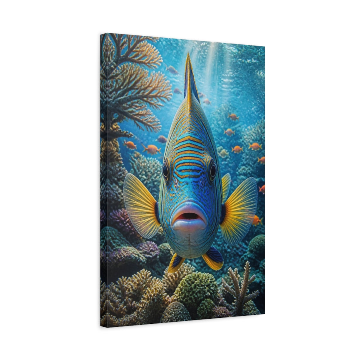 Side Mockup 3. Tropical Fish Animals Close-Up shown as canvas print