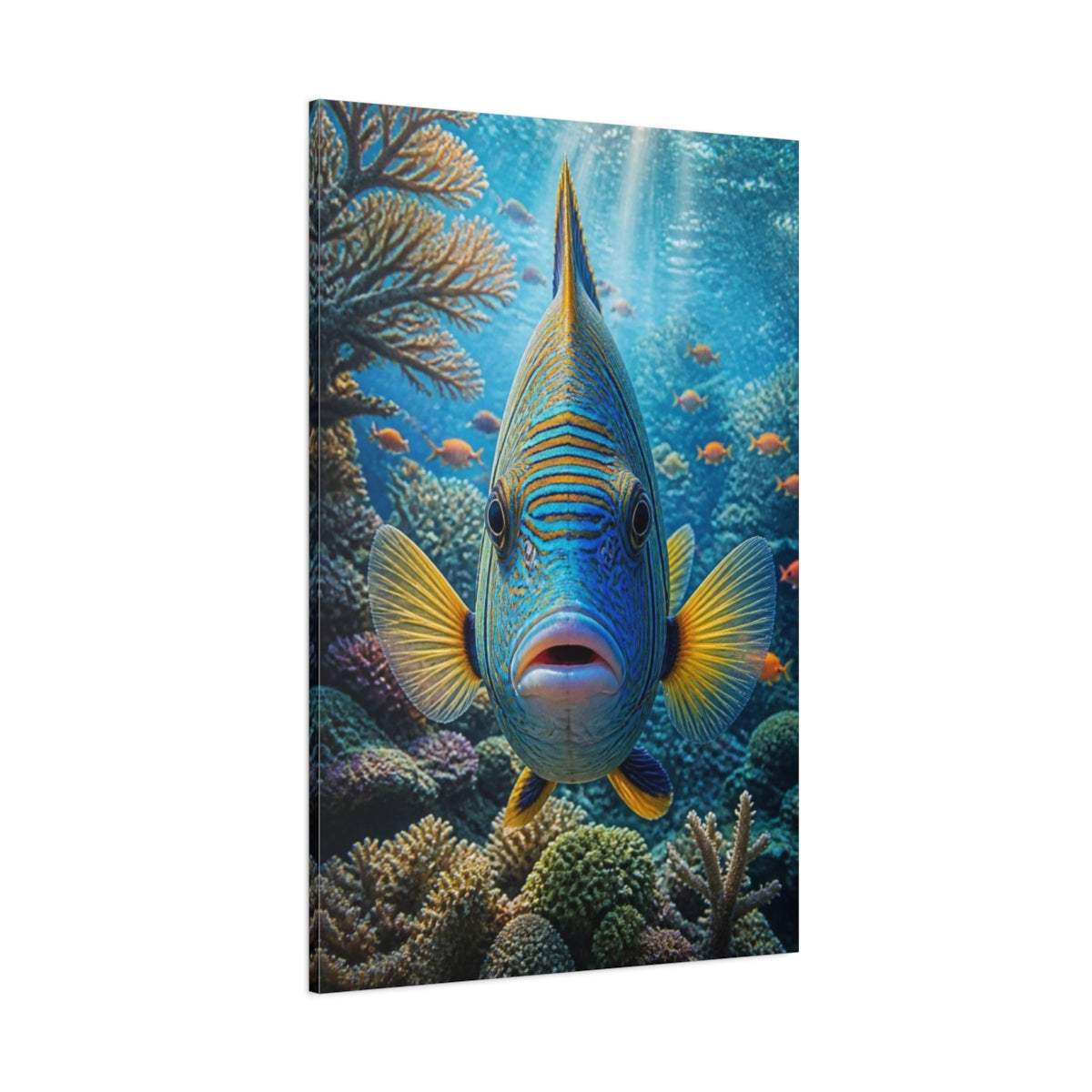 Side Mockup 1. Tropical Fish Animals Close-Up shown as canvas print