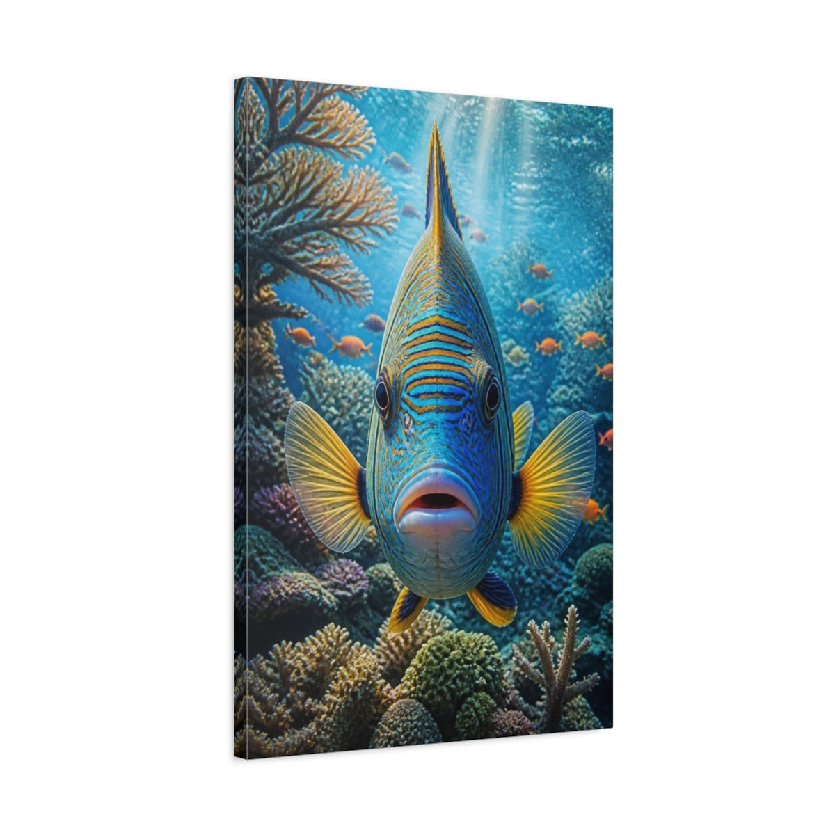 Side Mockup 2. Tropical Fish Animals Close-Up shown as canvas print
