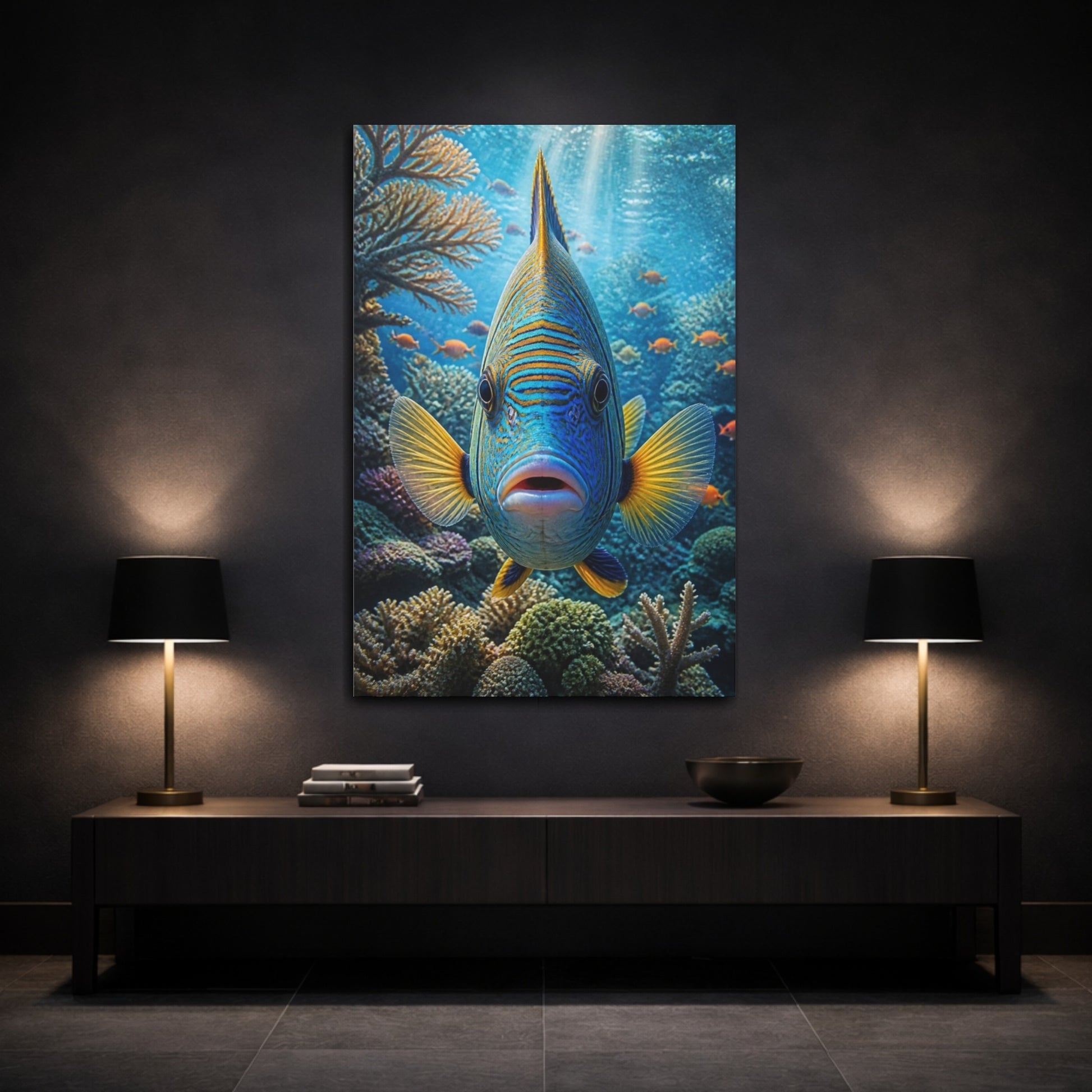 Mockup 3. Tropical Fish Animals Close-Up shown as canvas print