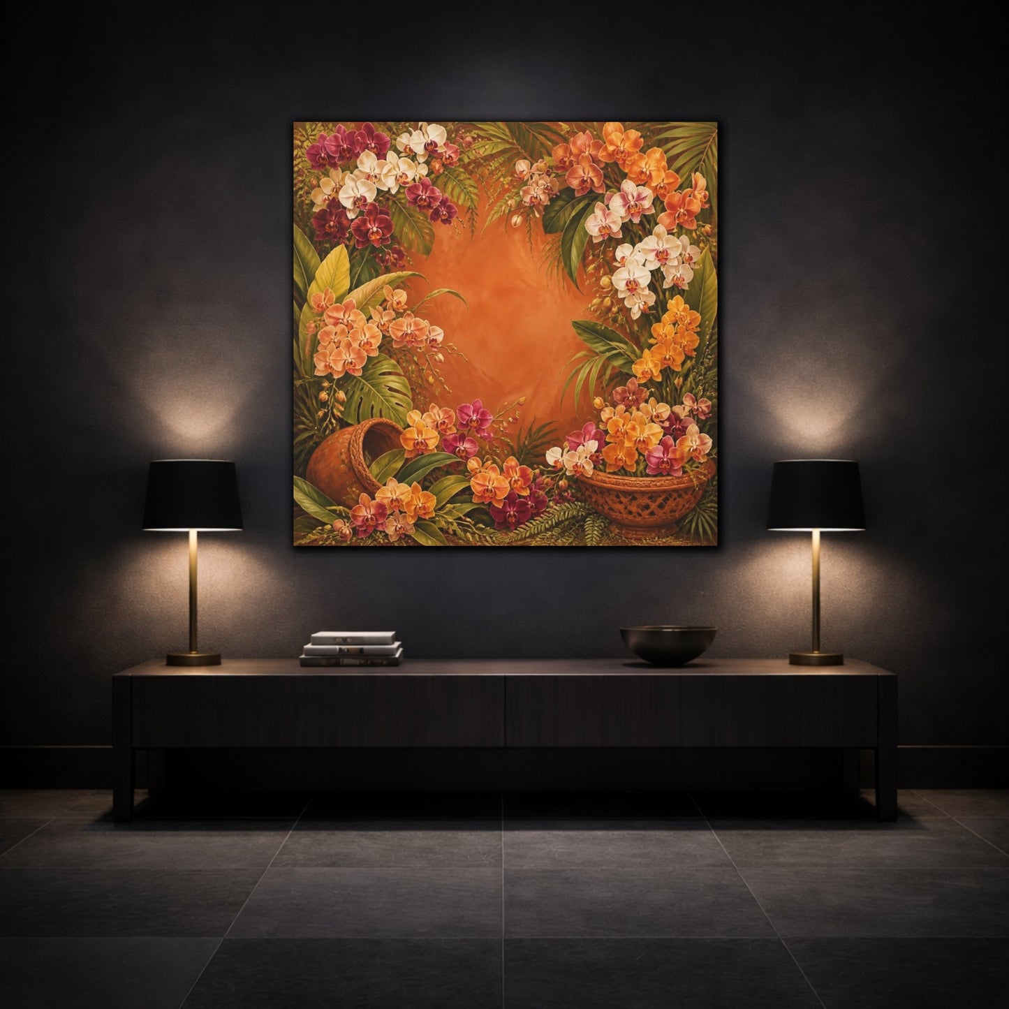 Mockup 3. Tropical Orchid Flowers shown as canvas print