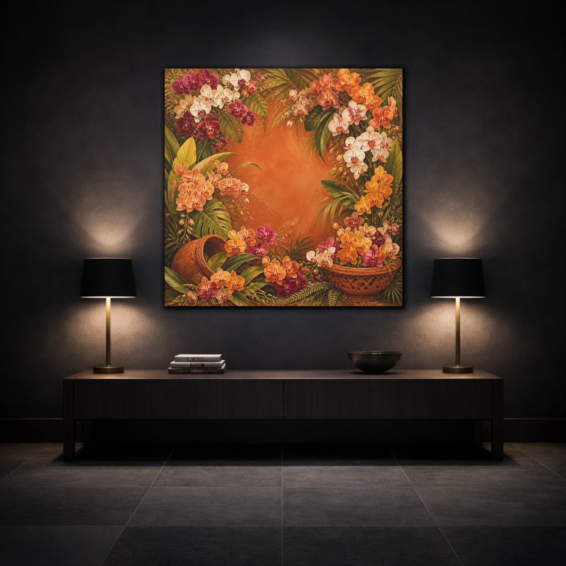 Mockup 3. Tropical Orchid Flowers shown as canvas print