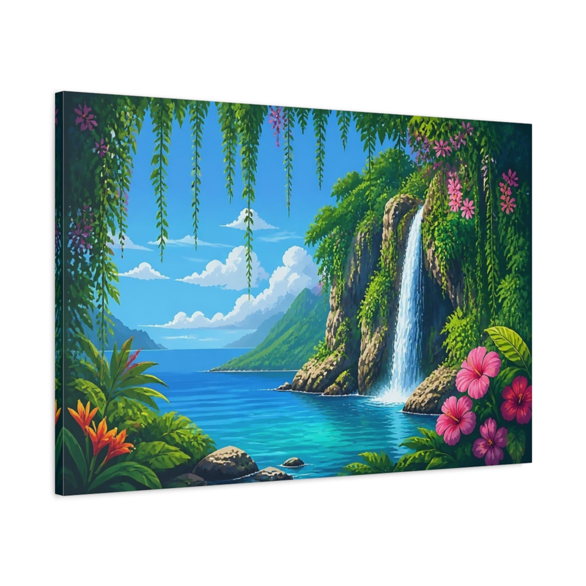 Main Mockup. Tropical Waterfall Paradise shown as canvas print