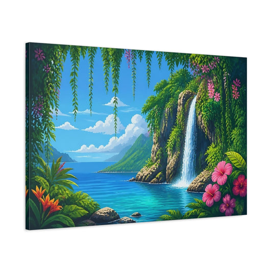 Main Mockup. Tropical Waterfall Paradise shown as canvas print