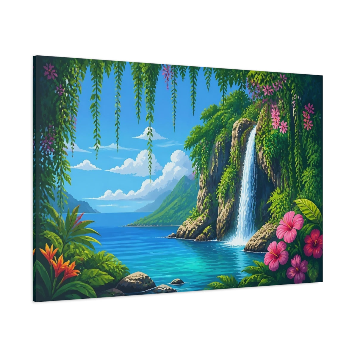 Side Mockup 1. Tropical Waterfall Paradise shown as canvas print