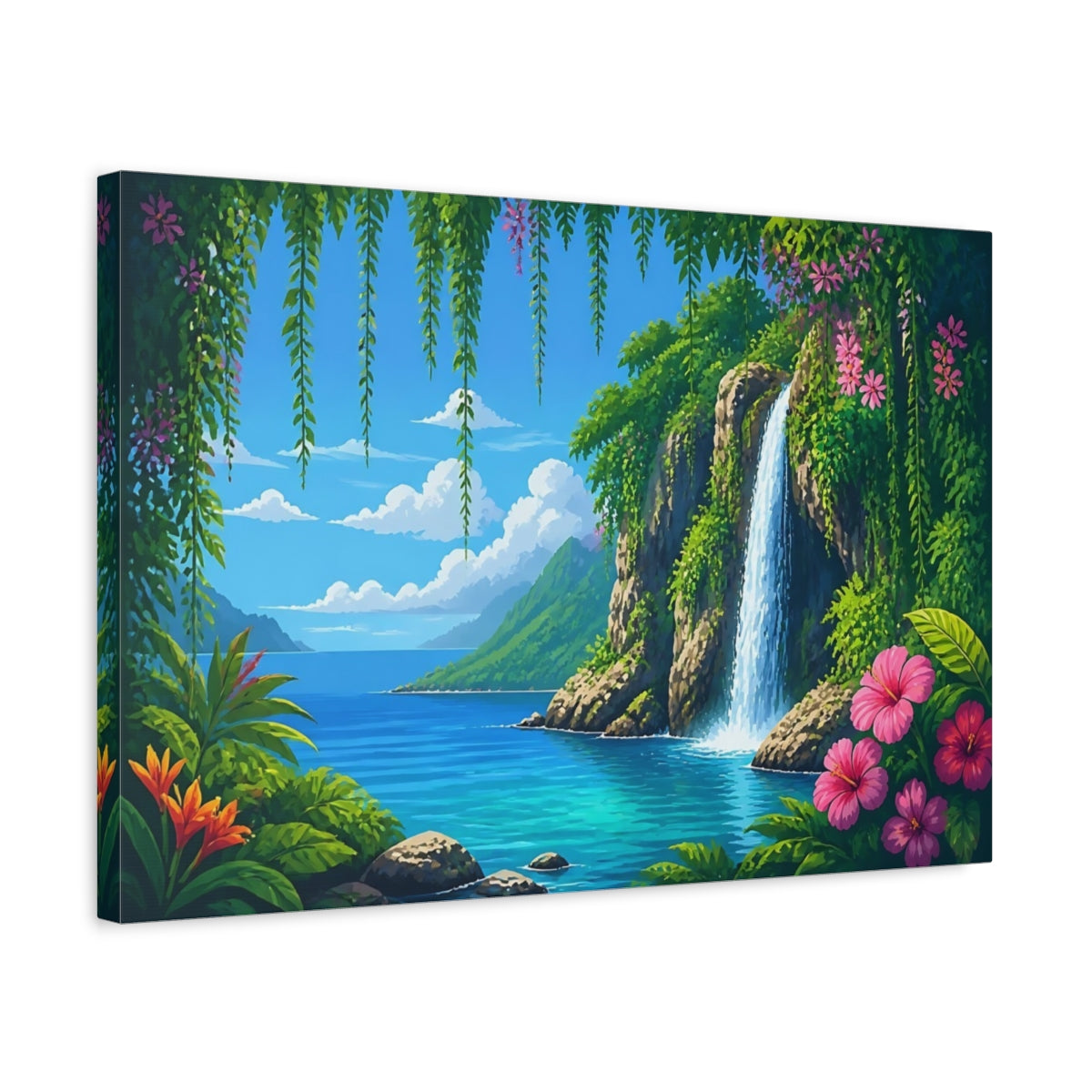 Side Mockup 3. Tropical Waterfall Paradise shown as canvas print