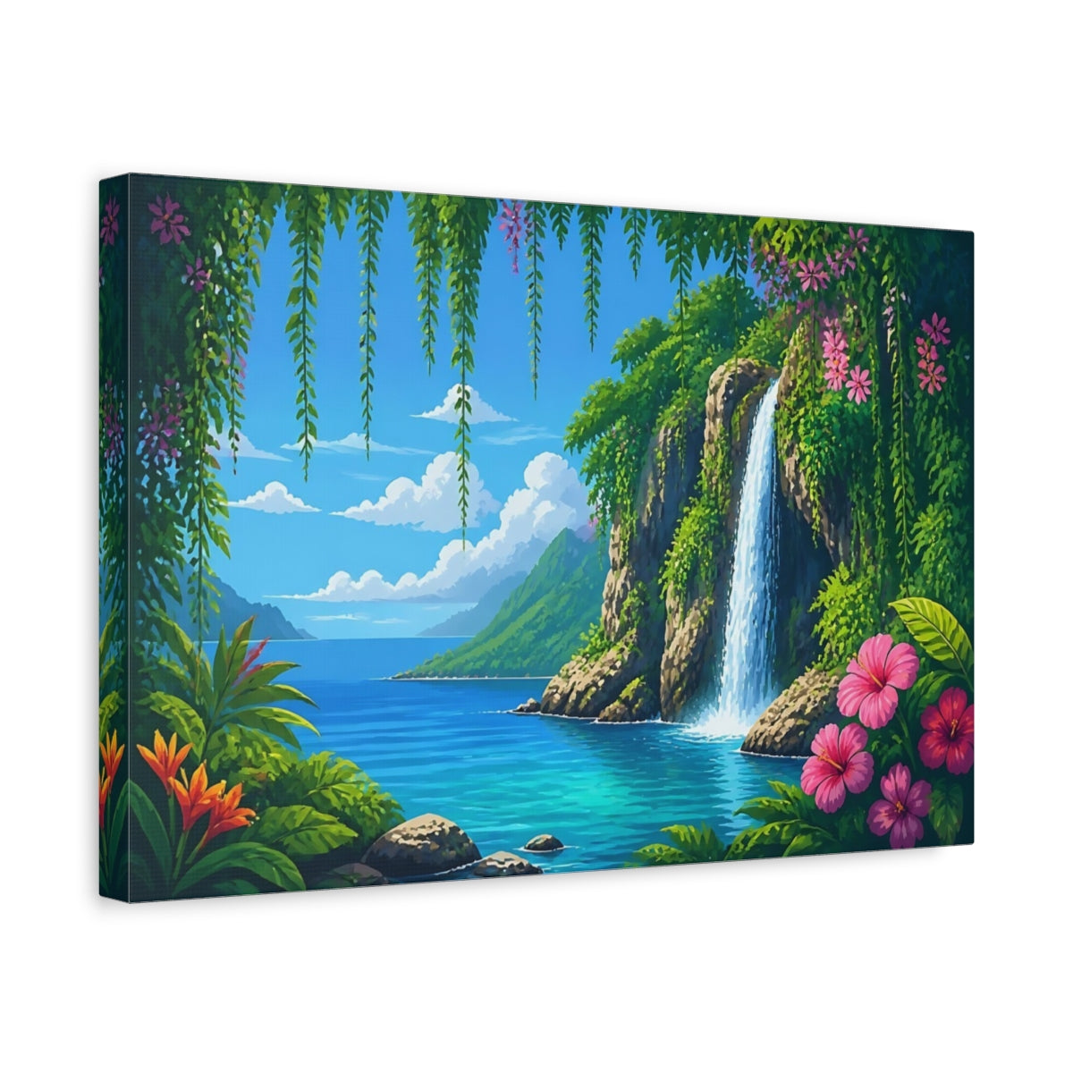 Side Mockup 4. Tropical Waterfall Paradise shown as canvas print