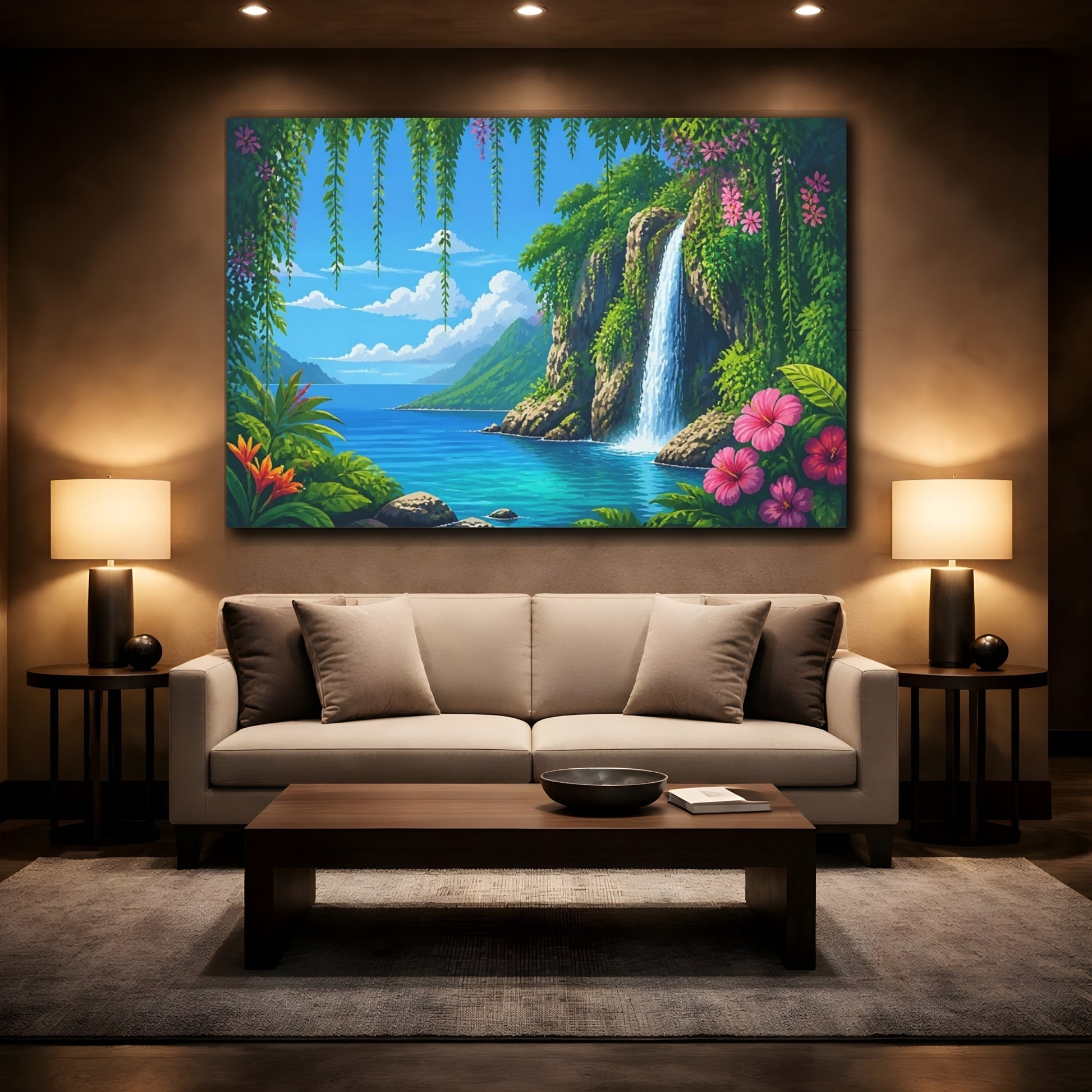 Mockup 2. Tropical Waterfall Paradise shown as canvas print