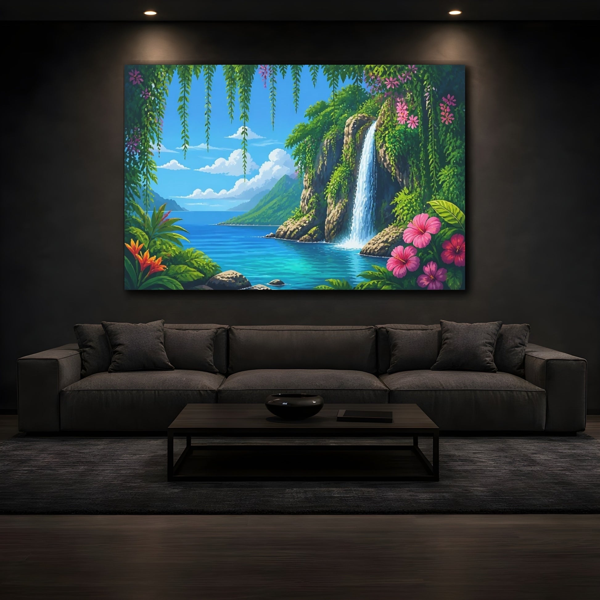 Mockup 3. Tropical Waterfall Paradise shown as canvas print