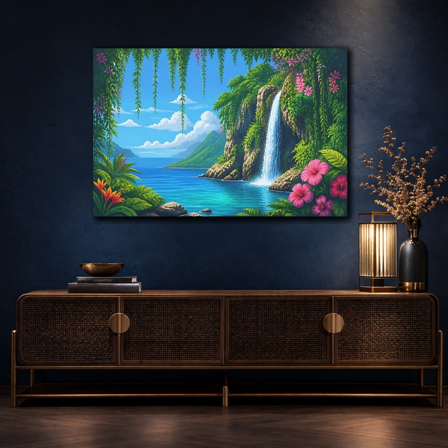Mockup 4. Tropical Waterfall Paradise shown as canvas print