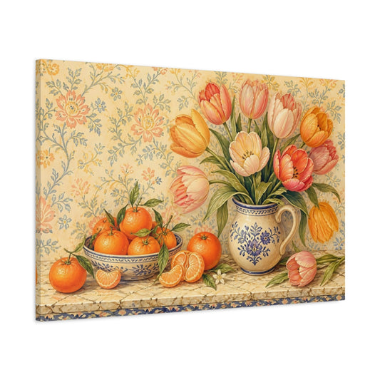 Main Mockup. Tulips And Clementines On Marble shown as canvas print