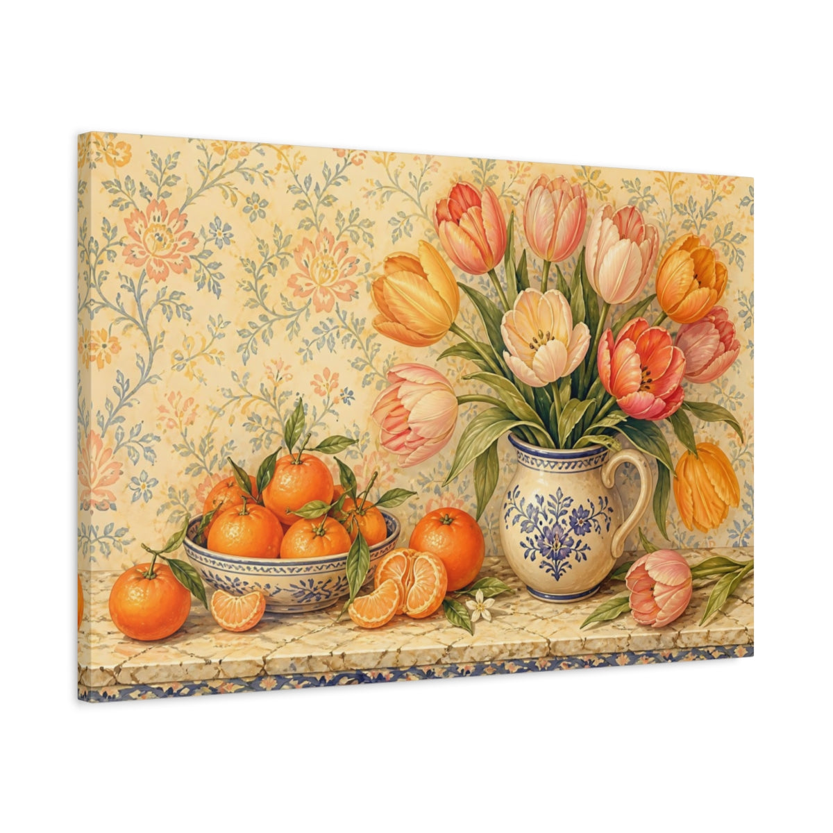 Side Mockup 2. Tulips And Clementines On Marble shown as canvas print