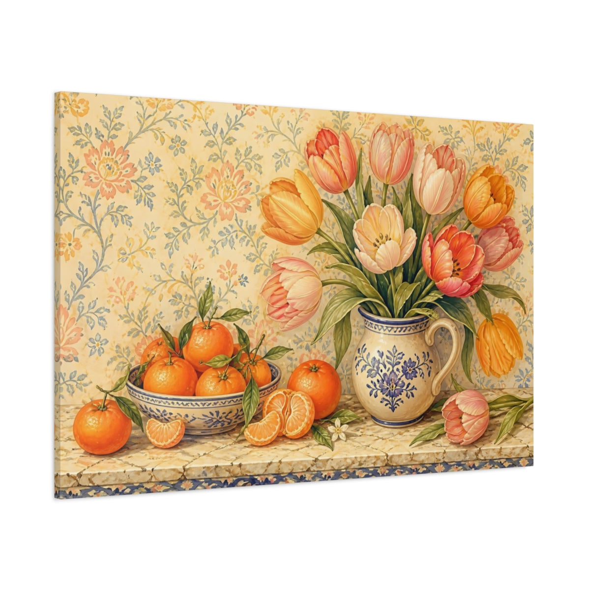 Side Mockup 1. Tulips And Clementines On Marble shown as canvas print