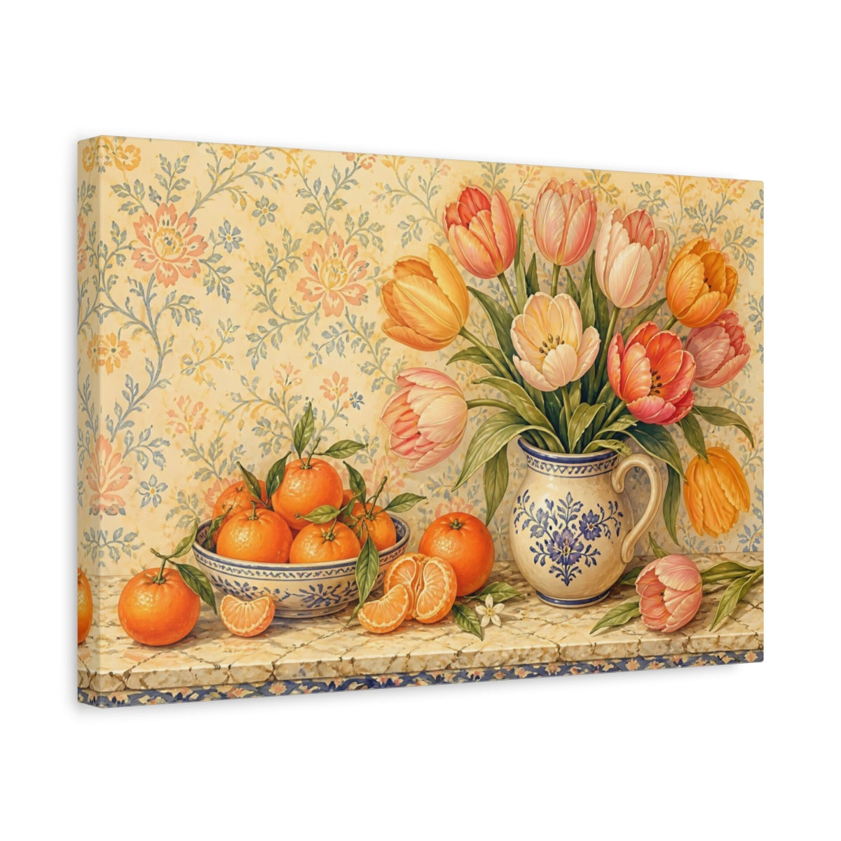 Side Mockup 4. Tulips And Clementines On Marble shown as canvas print