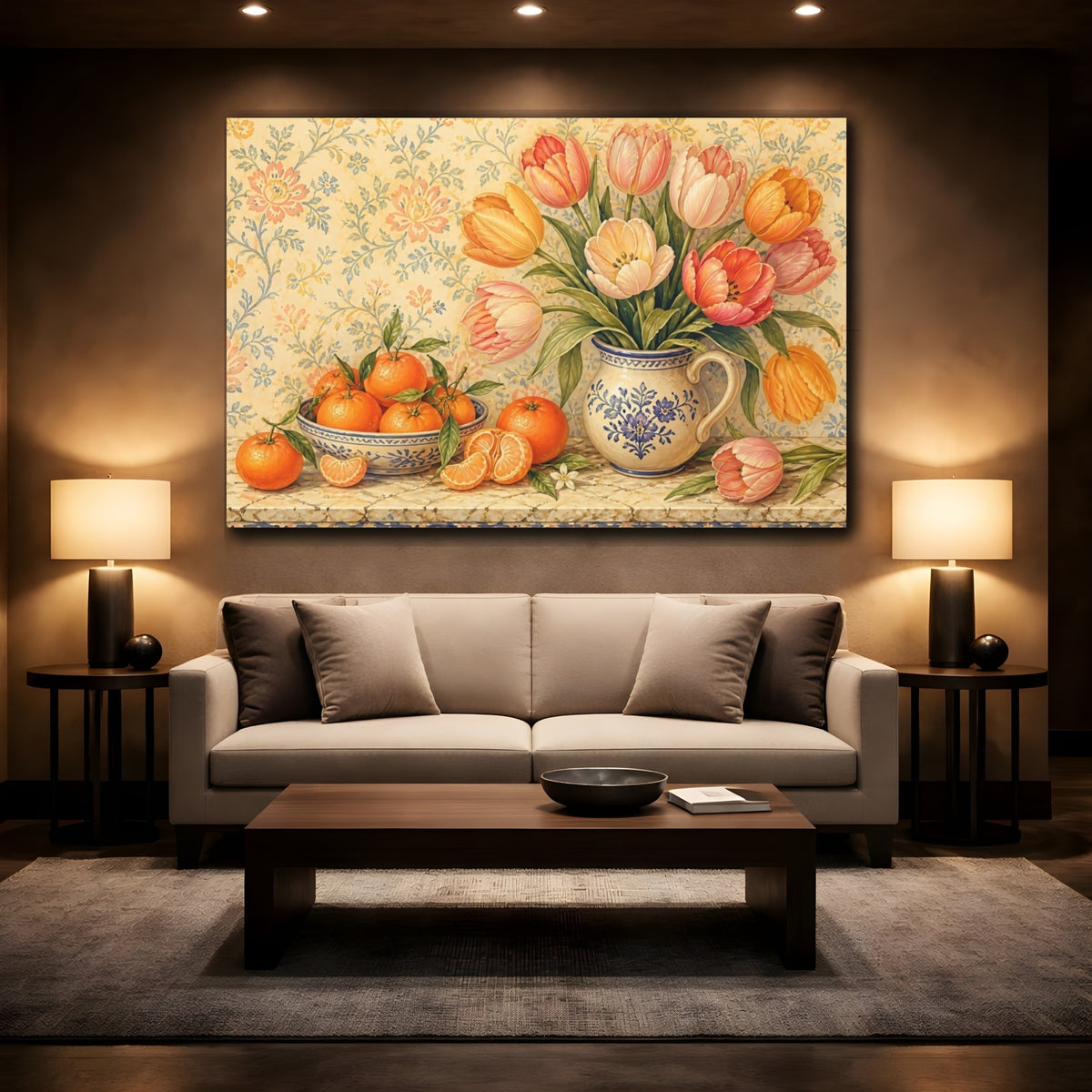 Mockup 2. Tulips And Clementines On Marble shown as canvas print