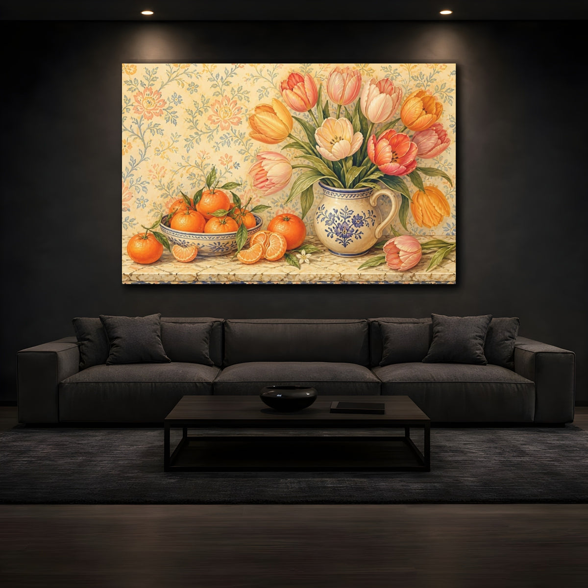 Mockup 3. Tulips And Clementines On Marble shown as canvas print