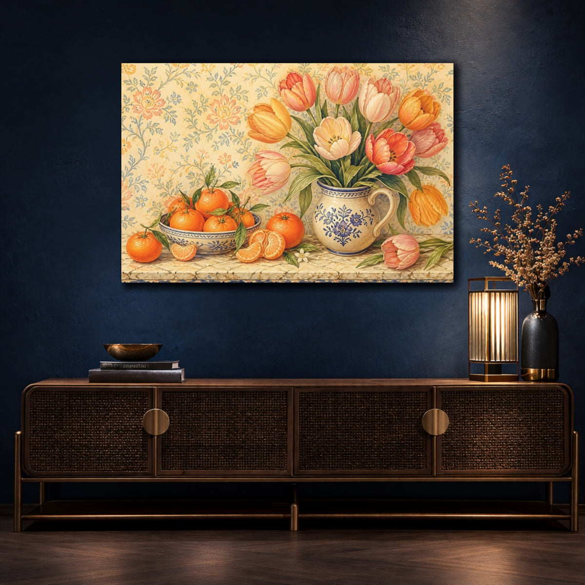 Mockup 4. Tulips And Clementines On Marble shown as canvas print