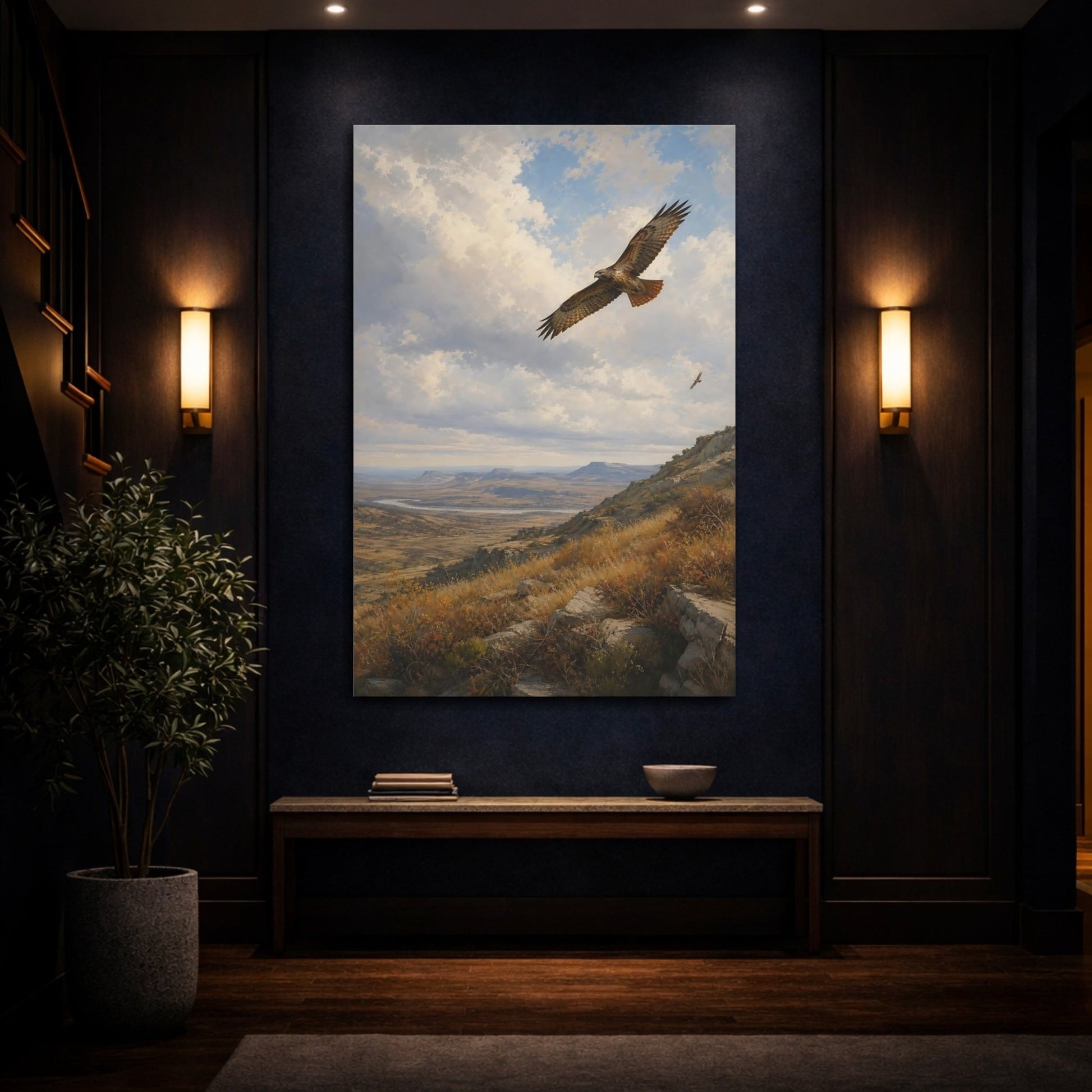 Turn - Of - Century Wildlife Landscape Painting Hawks Over Canvas Wall Art Print – Realistic Living Room, Above Couch - YesArtYes