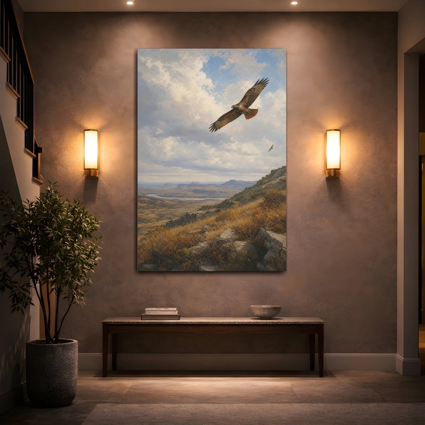 Turn - Of - Century Wildlife Landscape Painting Hawks Over Canvas Wall Art Print – Realistic Living Room, Above Couch - YesArtYes
