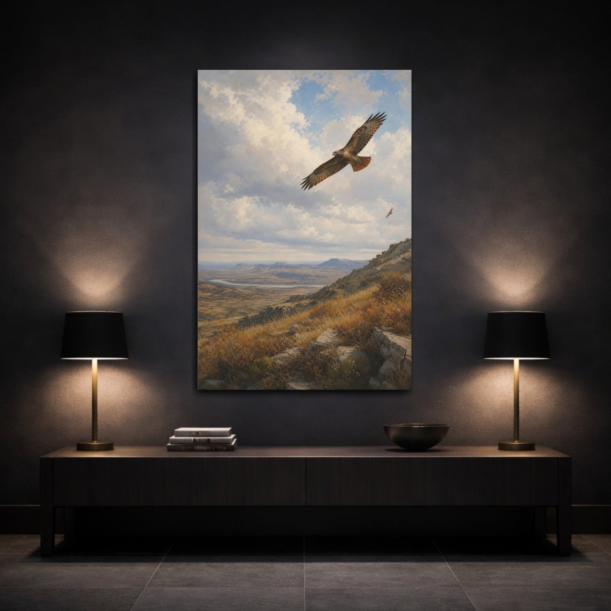 Turn - Of - Century Wildlife Landscape Painting Hawks Over Canvas Wall Art Print – Realistic Living Room, Above Couch - YesArtYes